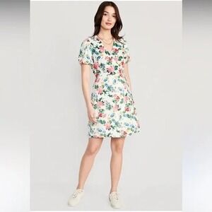 Old Navy Women's White Floral Linen Blend Puff Sleeve Wrap Mini Dress XL NWT